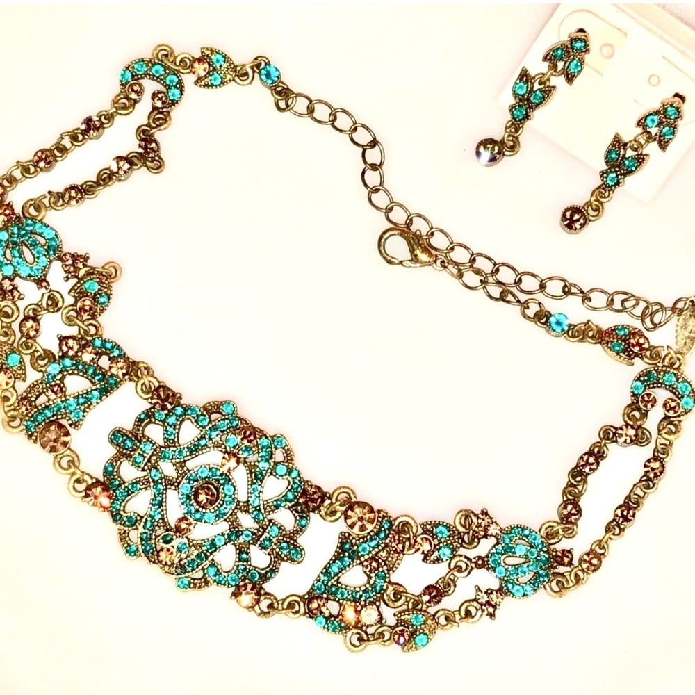 2003 VCLM Noblesse Austrian Crystal VTG Style Jade/Gold Choker Earrings Set NOS
